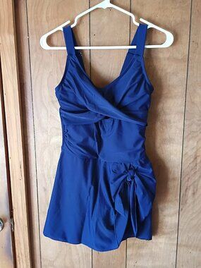 Navy Blue One Piece Swimsuit Swim Dress Skirted Ruched Bow Size Small S